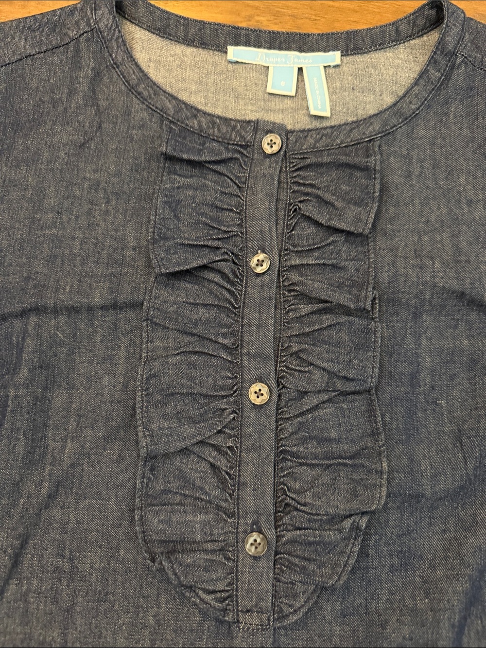Draper James Dark Denim Sz 6 Ruffle Button-Front Bell Sleeve Shift Dress - Picture 4 of 9